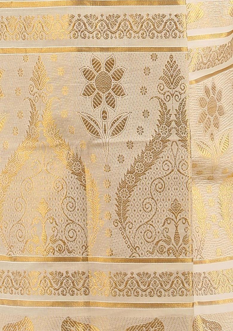 Off White Woven Design Cotton Saree Set - Indya