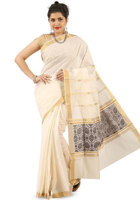 Off White Solid Cotton Saree Set