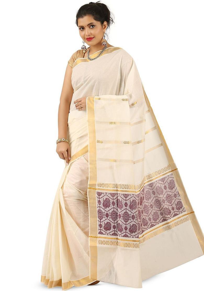 Off White Solid Cotton Saree Set - Indya