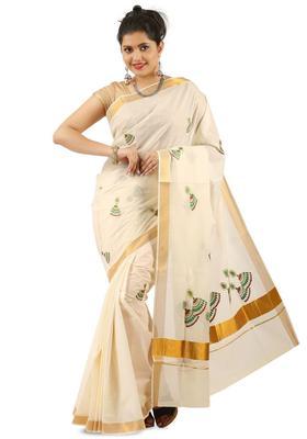 Off White Woven Design Cotton Saree Set