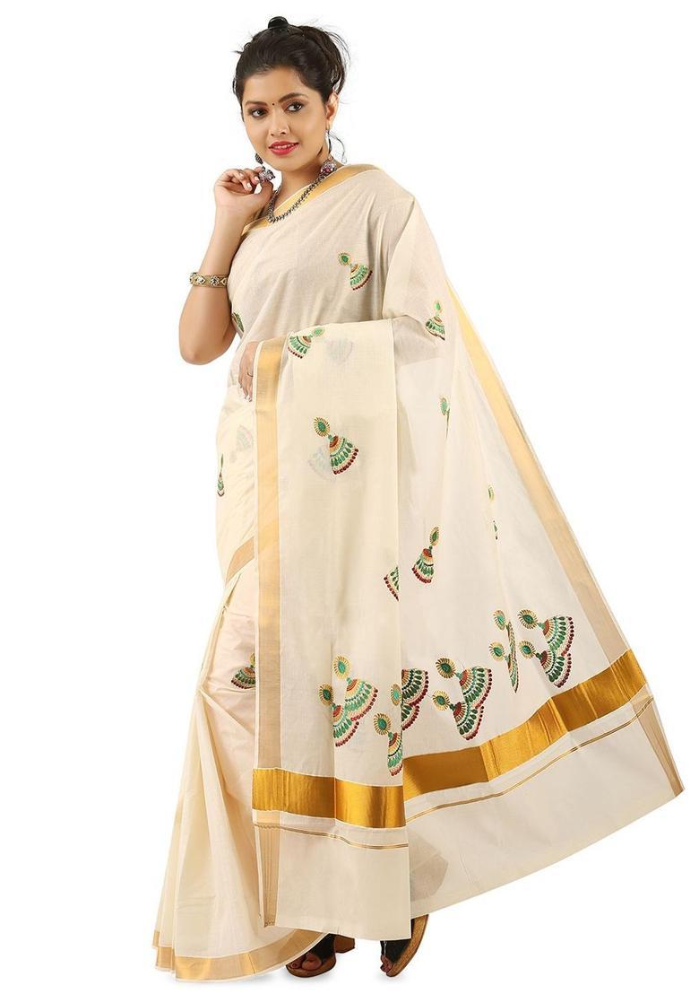 Off White Woven Design Cotton Saree Set - Indya