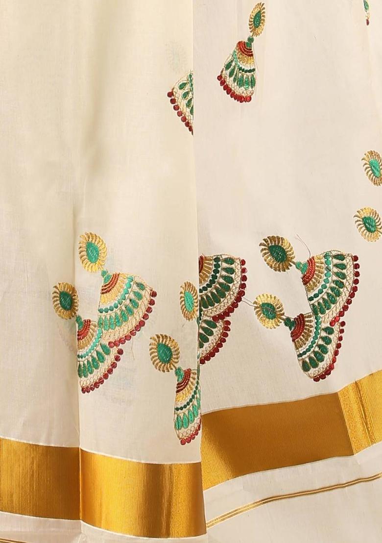 Off White Woven Design Cotton Saree Set - Indya