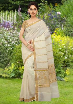 Off White Woven Design Cotton Saree Set