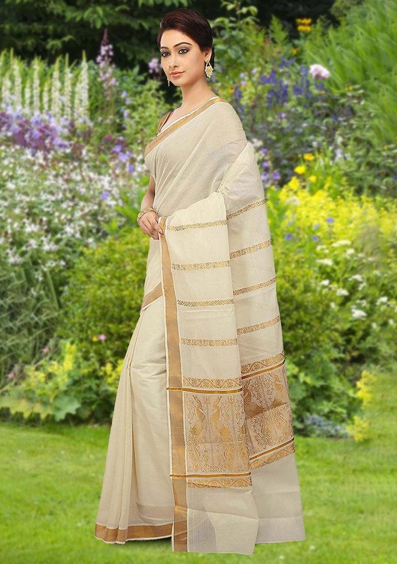Off White Woven Design Cotton Saree Set - Indya