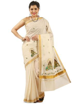 Off White Printed Cotton Saree Set