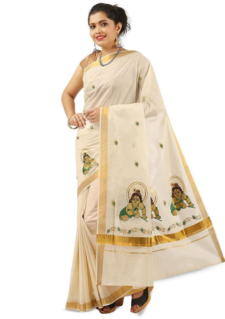 Off White Printed Cotton Saree Set - Indya
