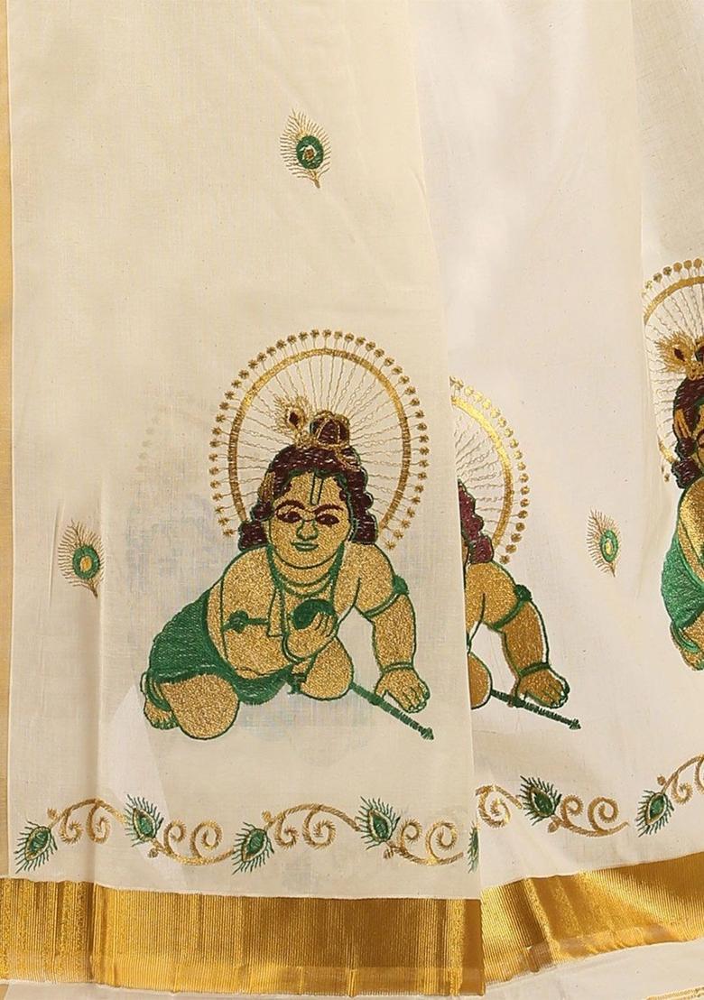 Off White Printed Cotton Saree Set - Indya