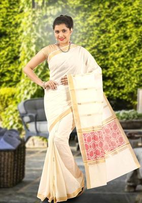 Off White Woven Design Cotton Saree Set