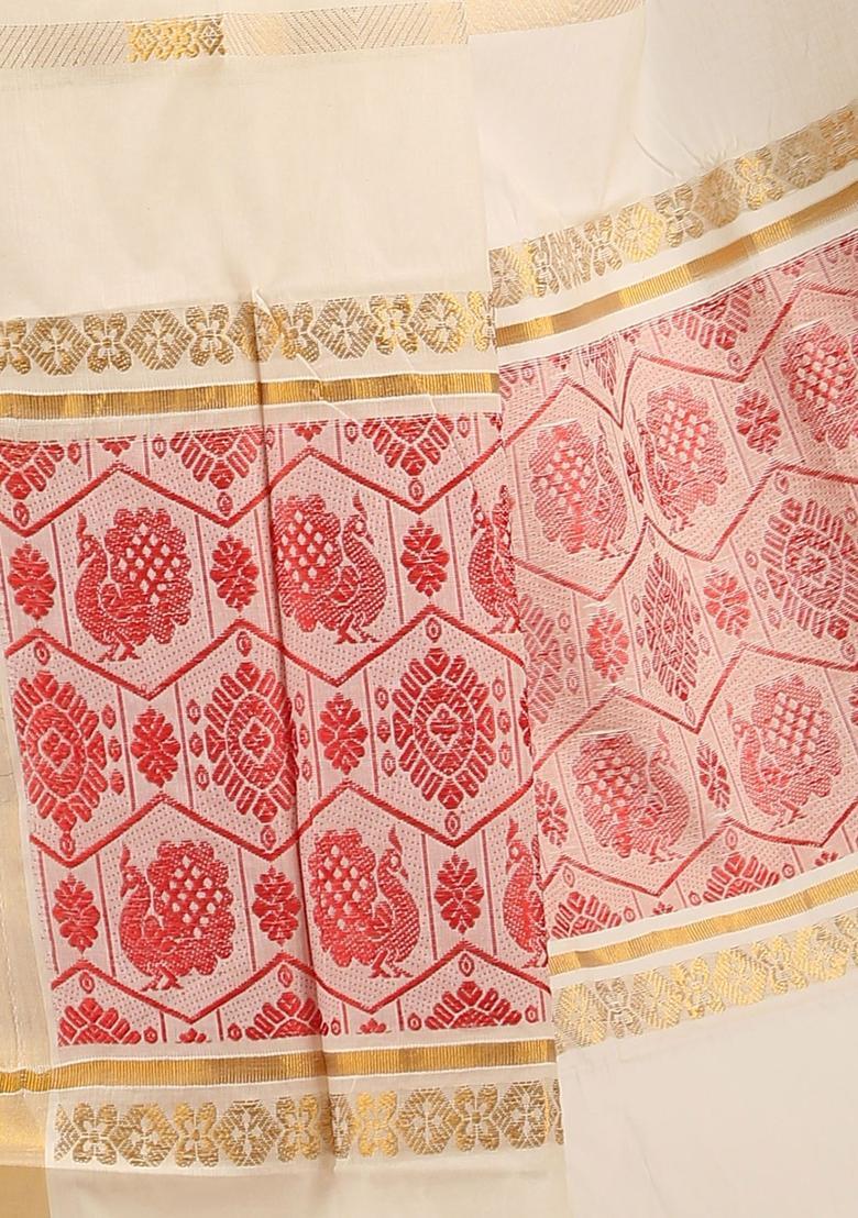 Off White Woven Design Cotton Saree Set - Indya