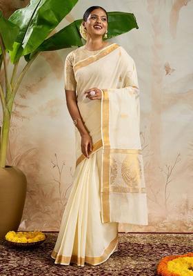 Off White Solid Cotton Saree Set
