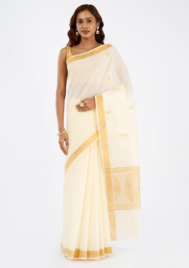 Off White Solid Cotton Saree Set - Indya