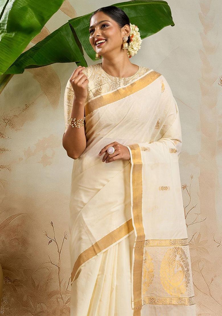 Off White Solid Cotton Saree Set - Indya