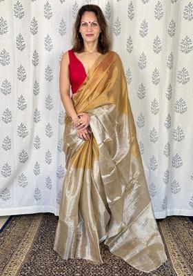 Beige Solid Tissue Saree Set