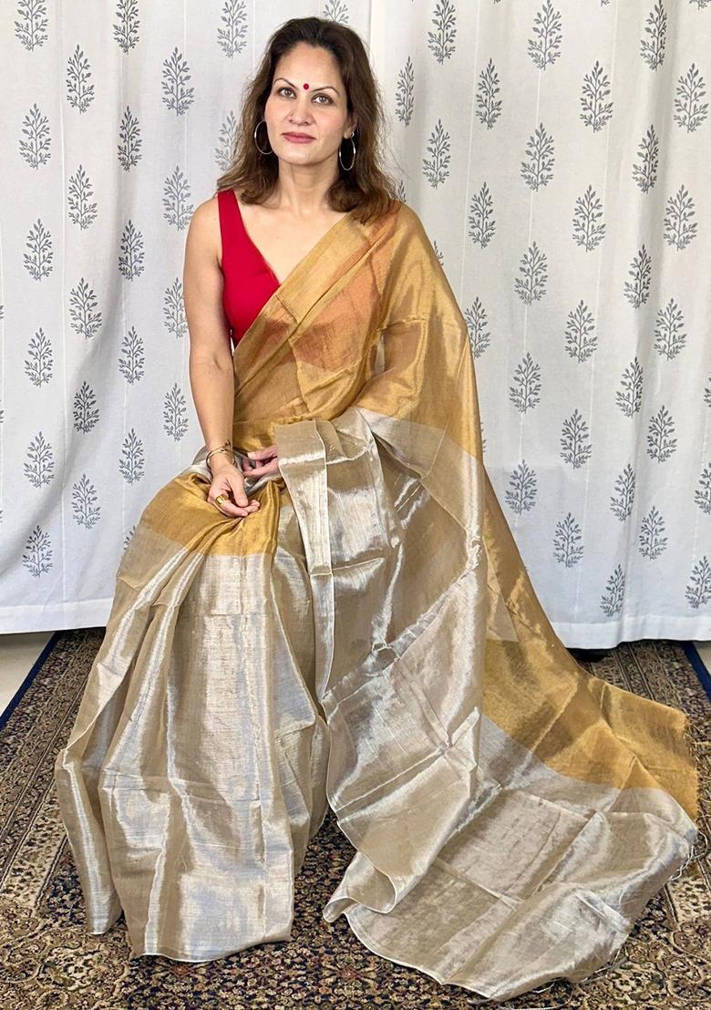 Beige Solid Tissue Saree Set - Indya