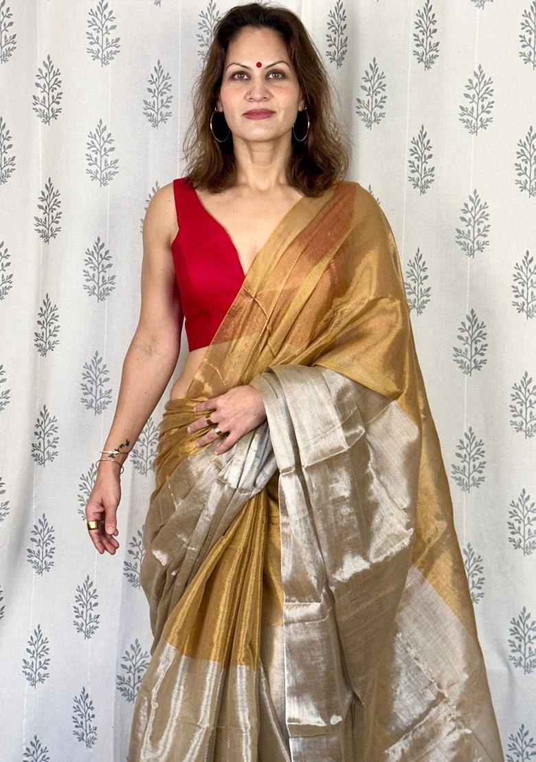 Beige Solid Tissue Saree Set - Indya