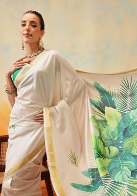 Off White Printed Silk Saree Set