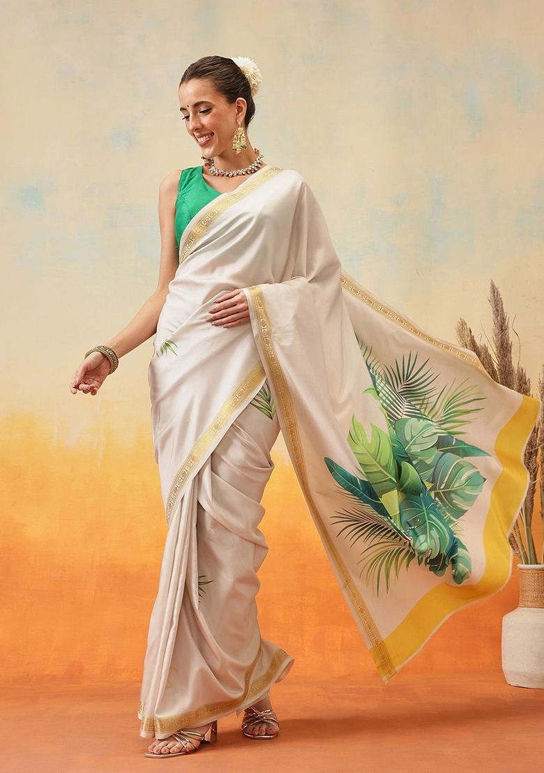 Off White Printed Silk Saree Set - Indya