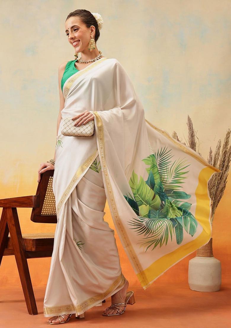 Off White Printed Silk Saree Set - Indya