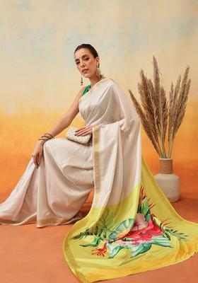 Off White Printed Silk Saree Set
