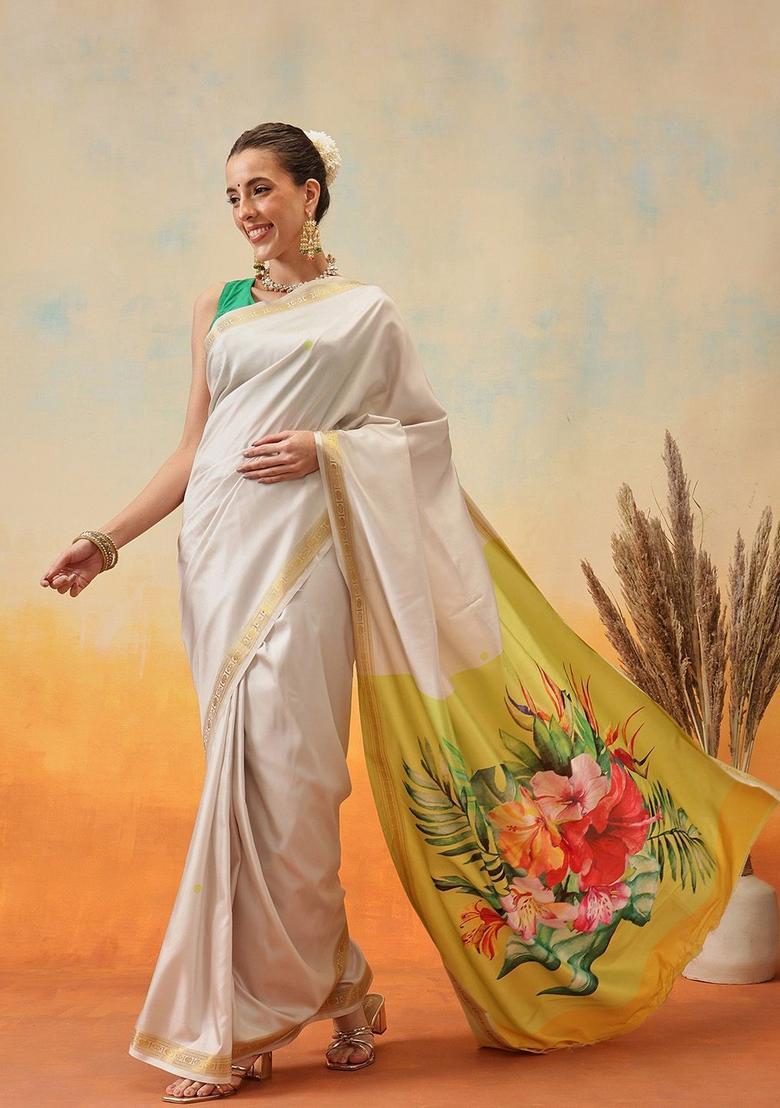 Off White Printed Silk Saree Set - Indya