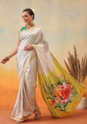 Off White Printed Silk Saree Set