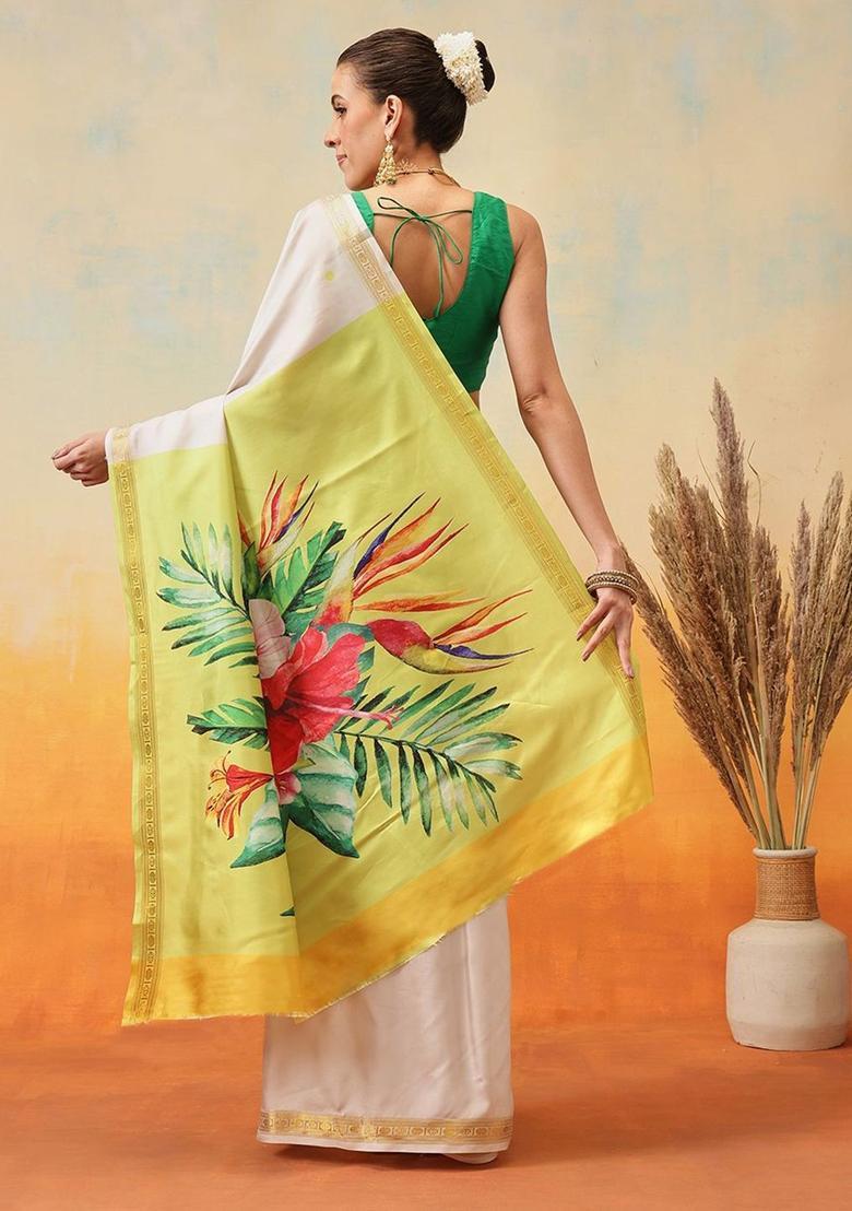 Off White Printed Silk Saree Set - Indya