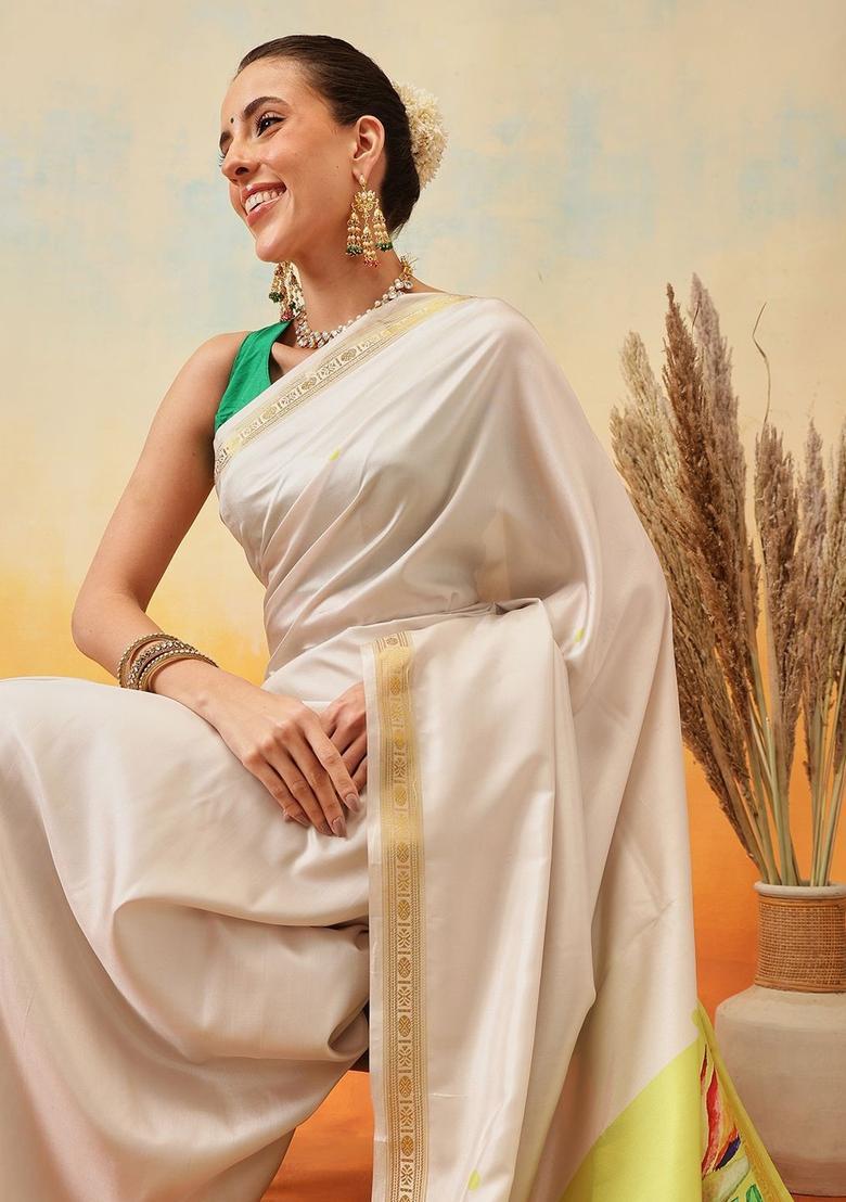 Off White Printed Silk Saree Set - Indya