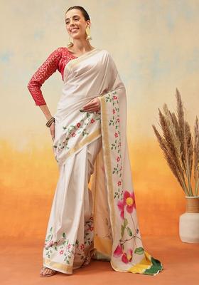 Off White Printed Silk Saree Set