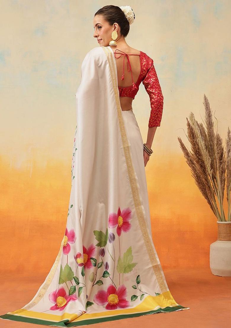 Off White Printed Silk Saree Set - Indya