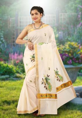 Off White Woven Design Cotton Saree Set