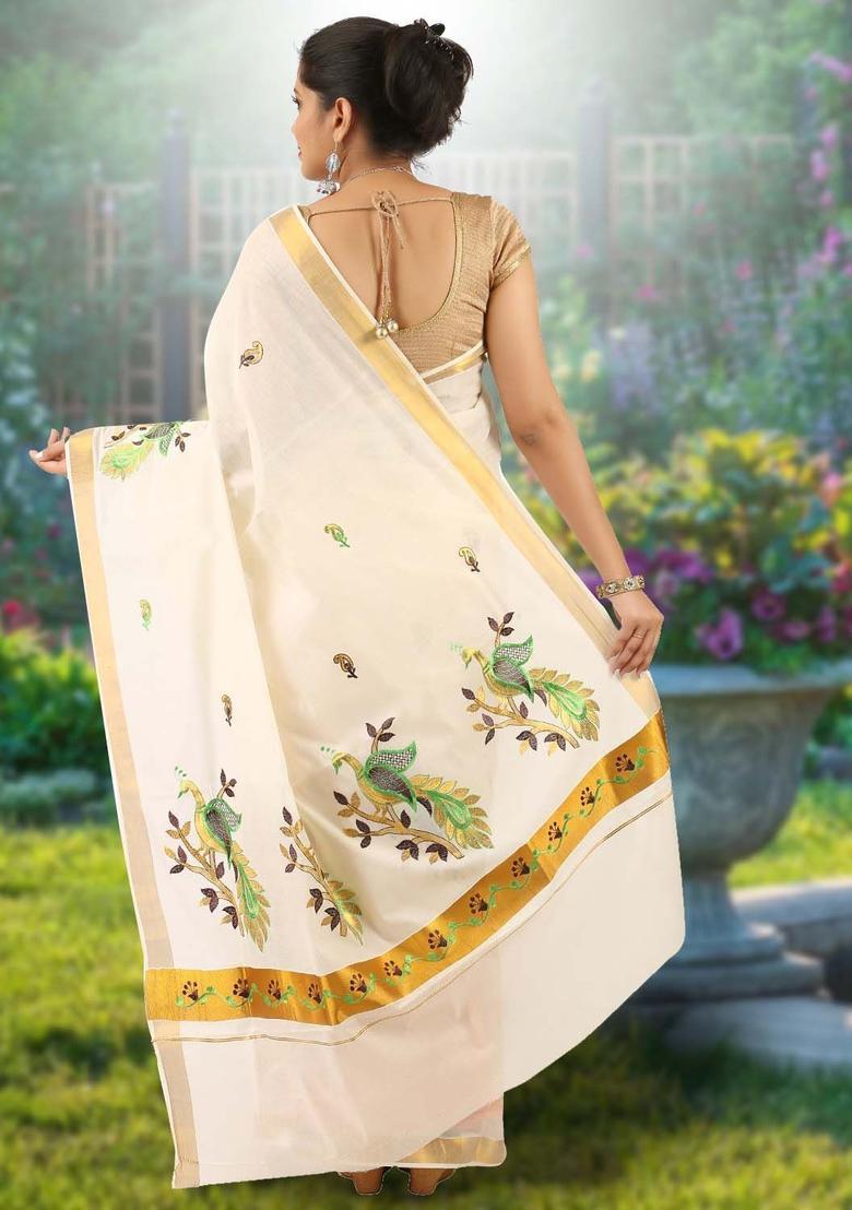 Off White Woven Design Cotton Saree Set - Indya