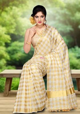 Off White Checked Cotton Saree Set