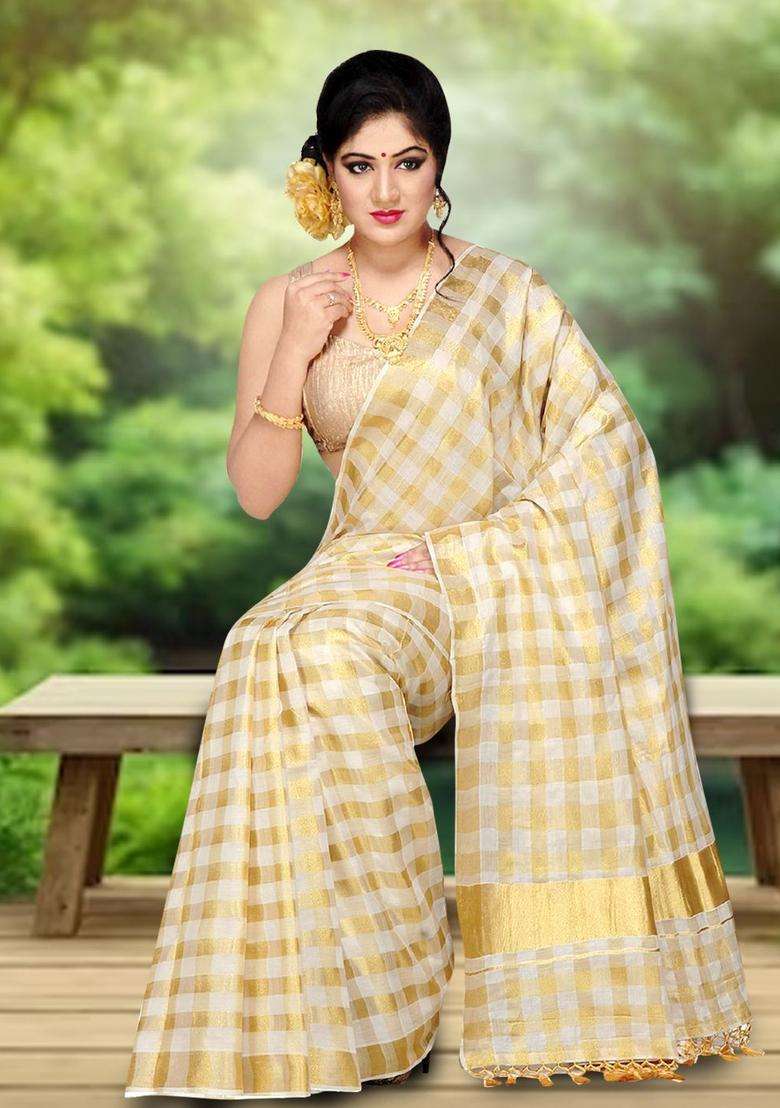 Off White Checked Cotton Saree Set for Diwali | Wedding & Festive Wear - Indya
