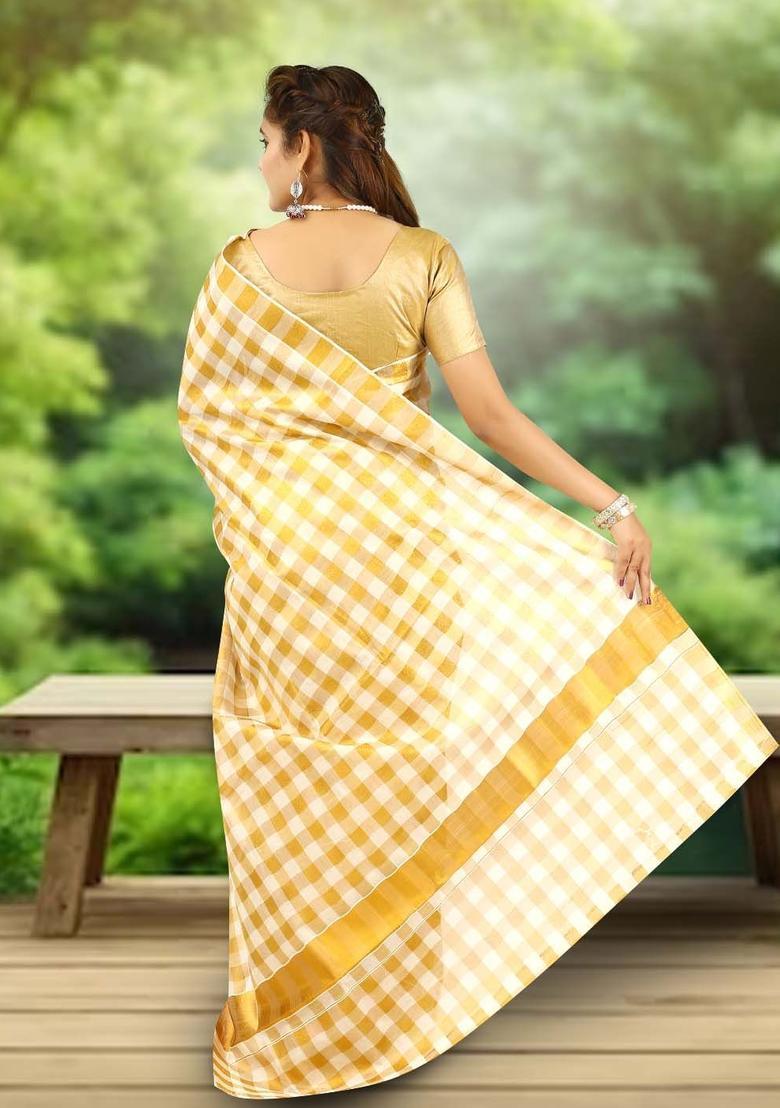Off White Checked Cotton Saree Set - Indya