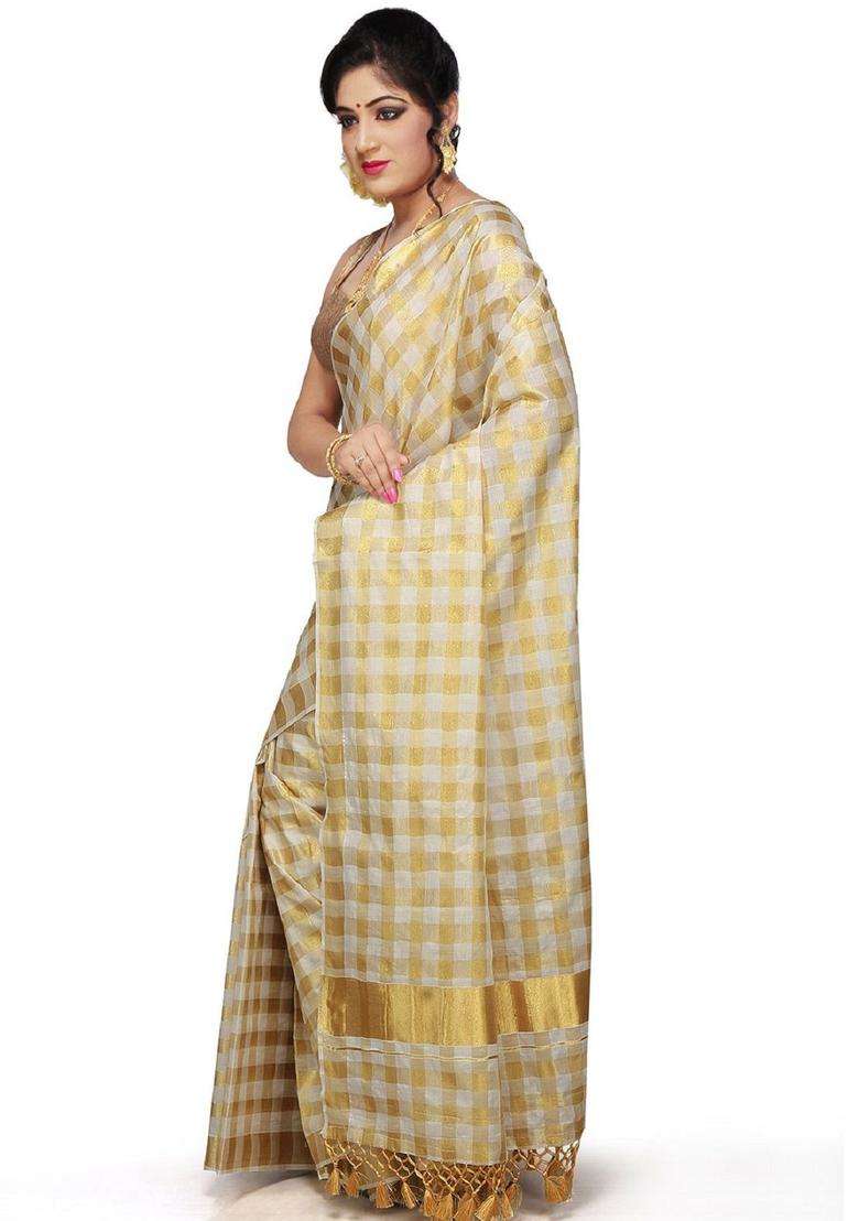 Off White Checked Cotton Saree Set for Diwali | Wedding & Festive Wear - Indya