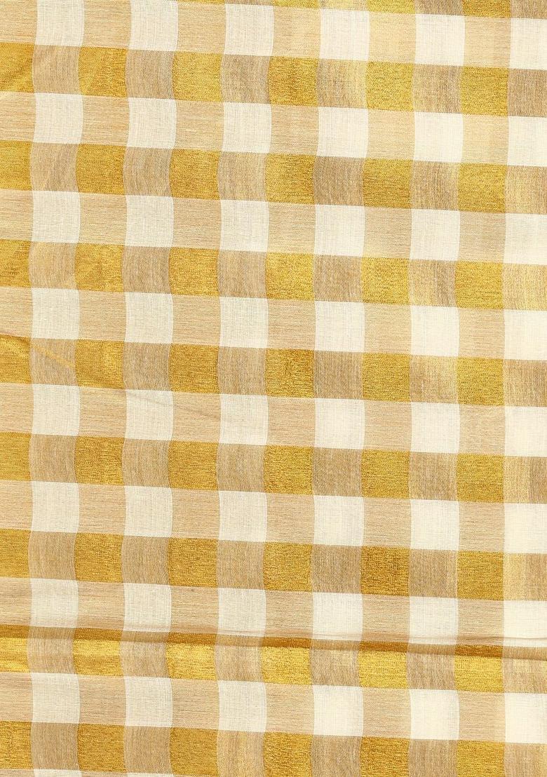 Off White Checked Cotton Saree Set - Indya