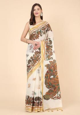 Off White Printed Cotton Saree Set