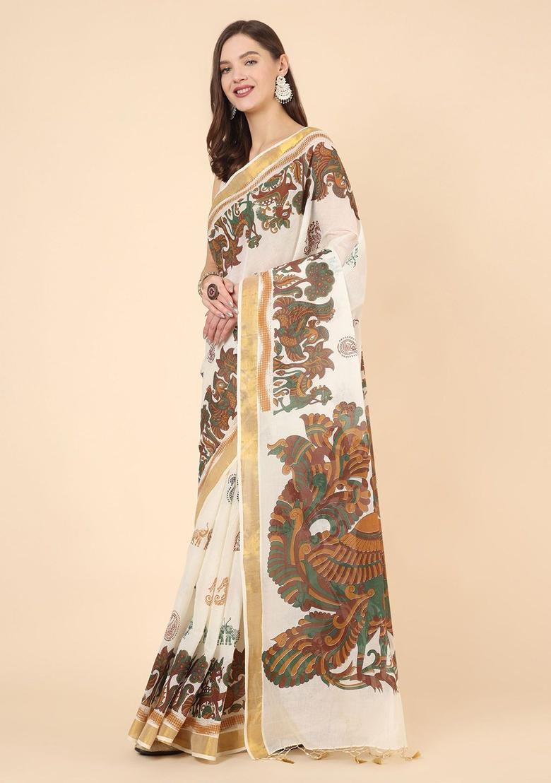 Off White Printed Cotton Saree Set - Indya