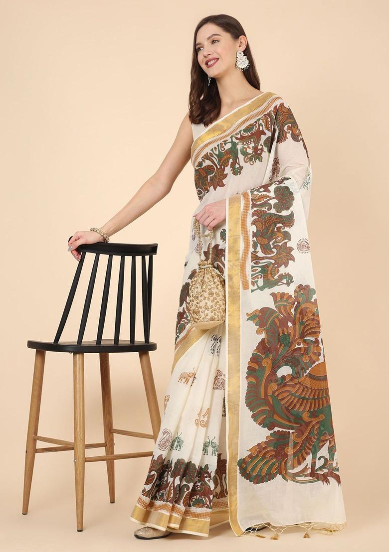 Off White Printed Cotton Saree Set - Indya
