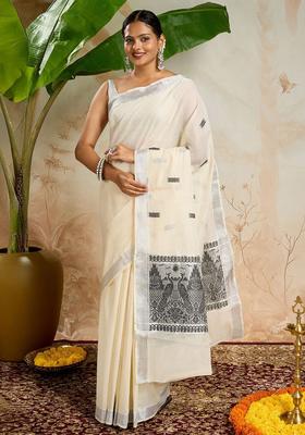 Off White Woven Design Cotton Saree Set