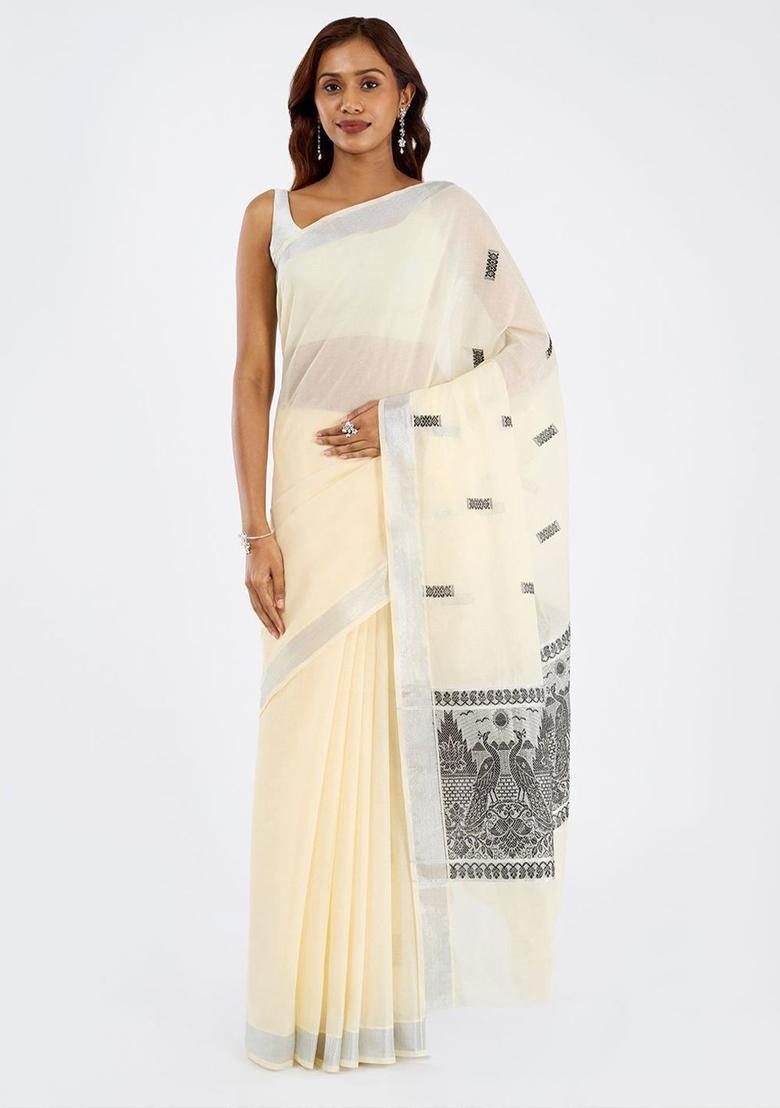 Off White Woven Design Cotton Saree Set - Indya
