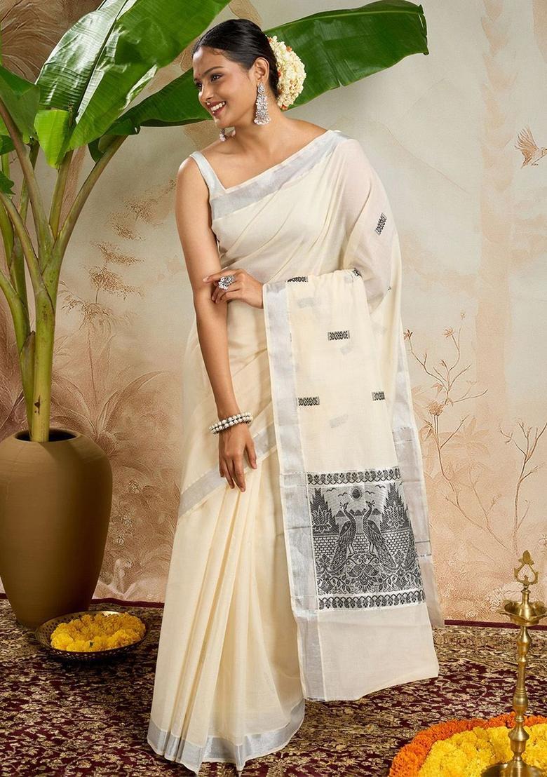 Off White Woven Design Cotton Saree Set - Indya