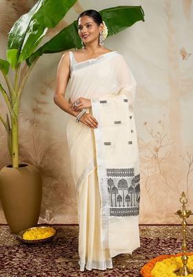 Off White Woven Design Cotton Saree Set