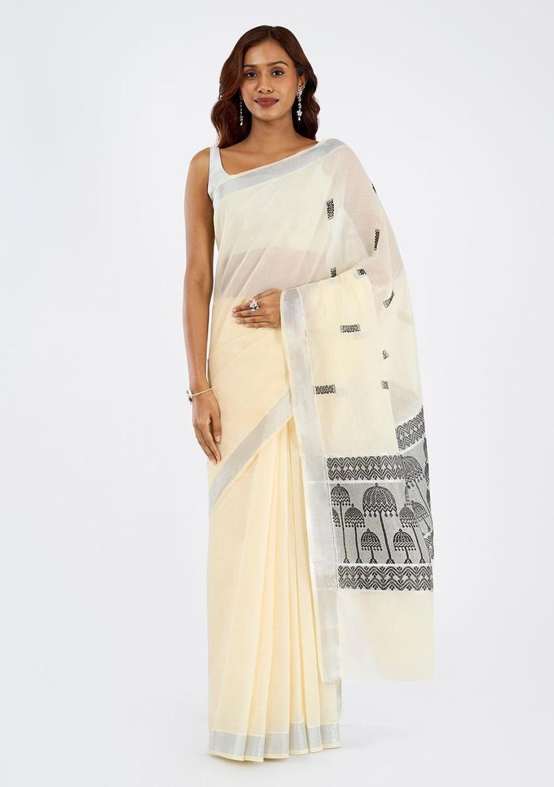 Off White Woven Design Cotton Saree Set - Indya