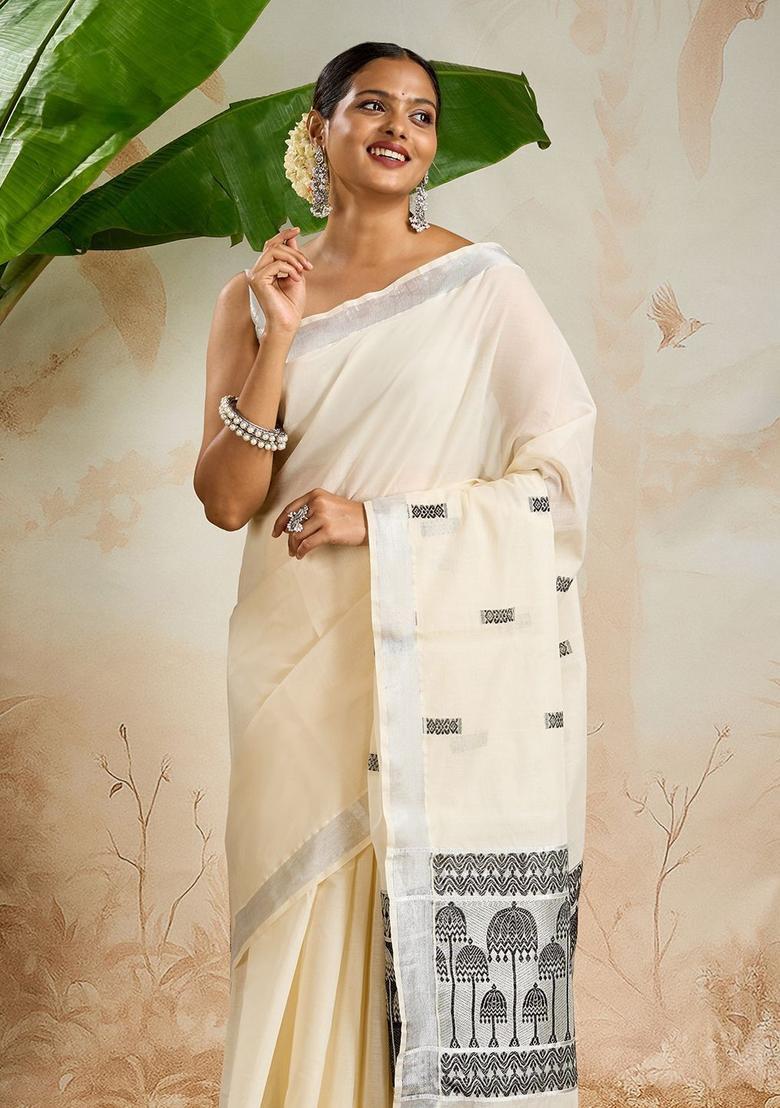 Off White Woven Design Cotton Saree Set - Indya