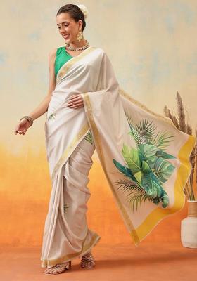 Off White Printed Silk Saree Set