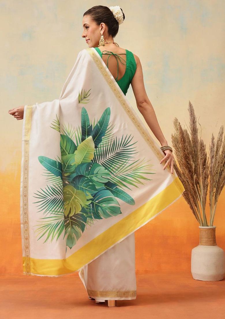 Off White Printed Silk Saree Set - Indya