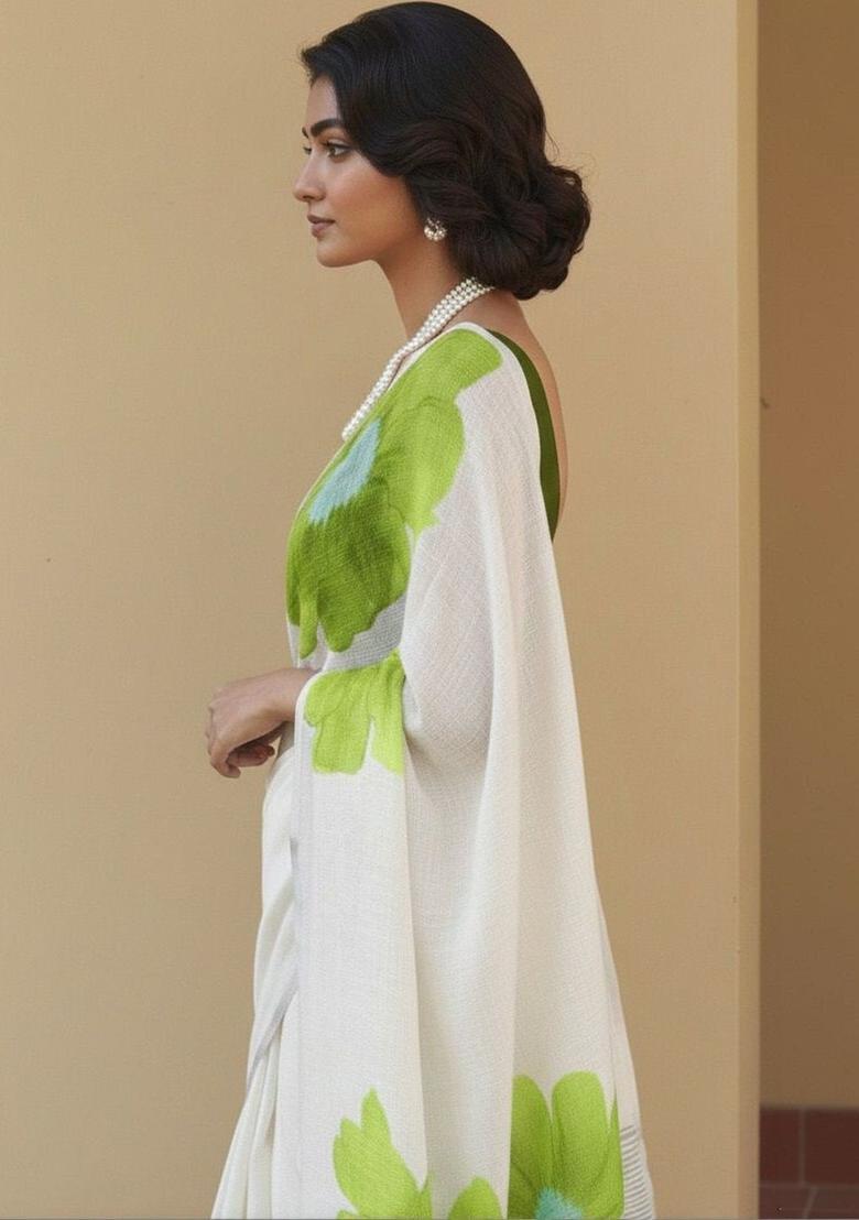 White Printed Linen Saree Set - Indya