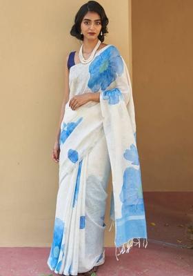 Off White Printed Linen Saree Set