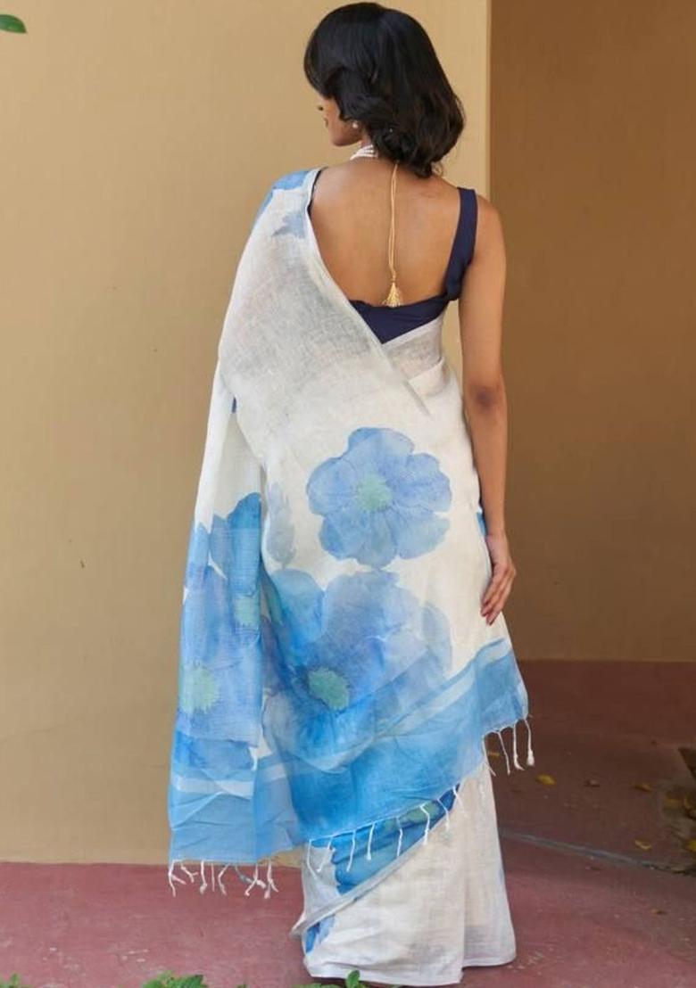 Off White Printed Linen Saree Set - Indya